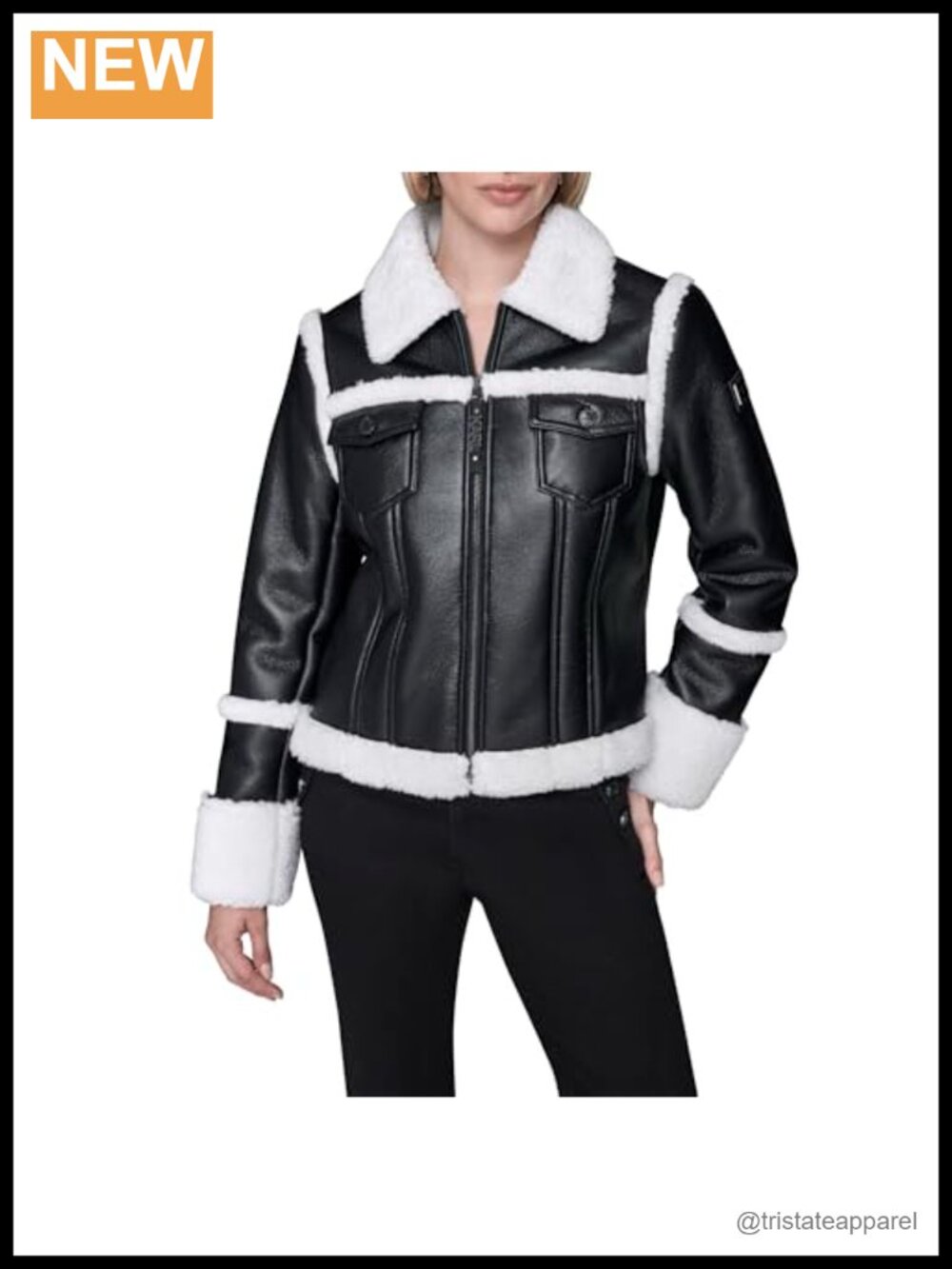 Women's Faux Leather Open Collar Long Sleeve Jacket with Zipper